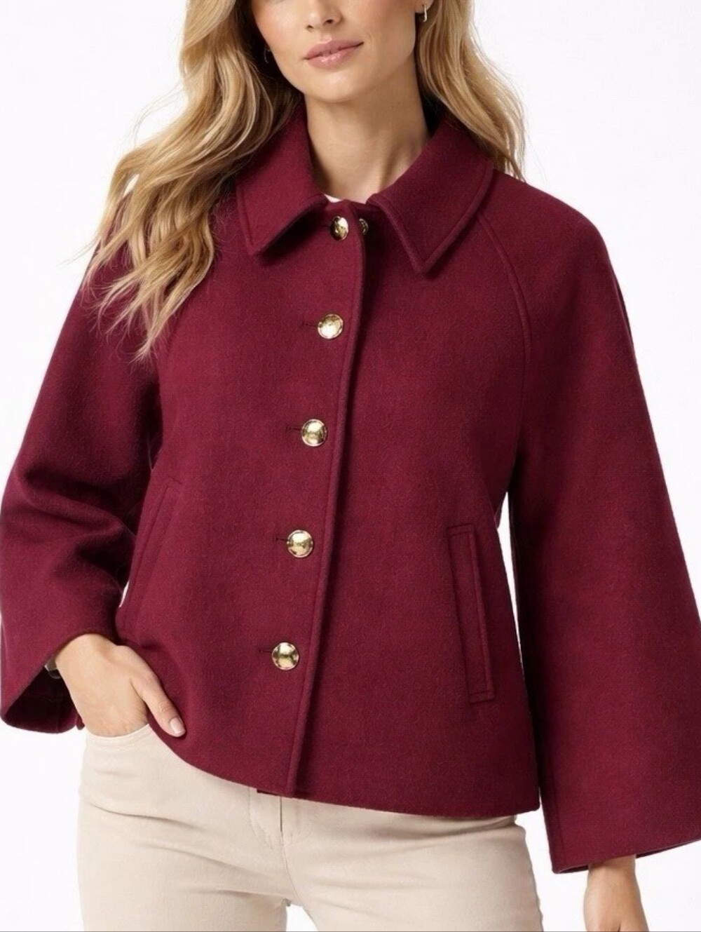 J.Crew Burgundy Cropped Wool-Blend Swing Coat with gold-tone buttons $298